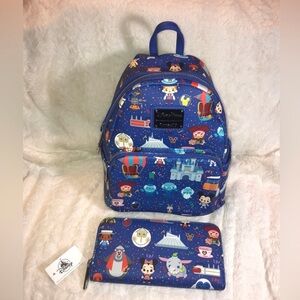 NEW Bundle Set Disney Parks Icon Attractions Loungefly Backpack & Wallet Set